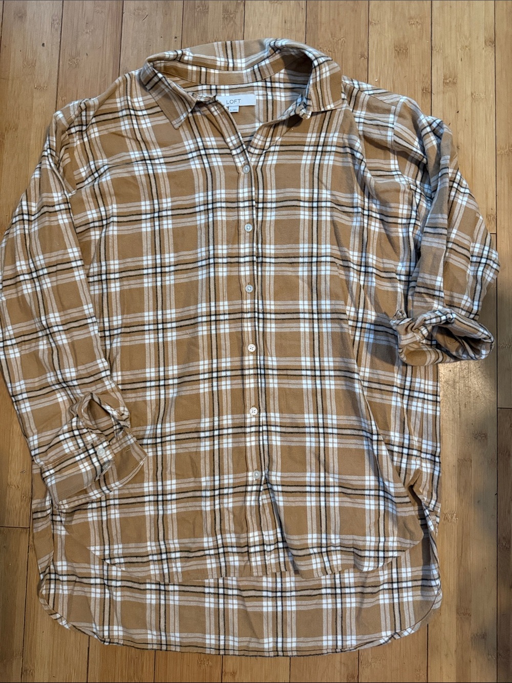 LOFT XL Tan and White Plaid Button-Down Flannel Shirt